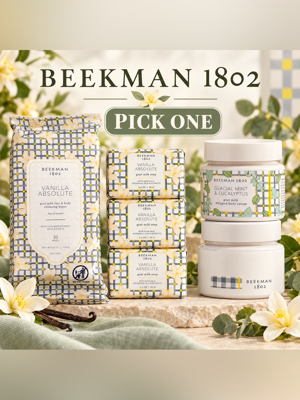 Beekman 1802 Vanilla Absolute Soap Bars - Cream & Yellow Floral Pack